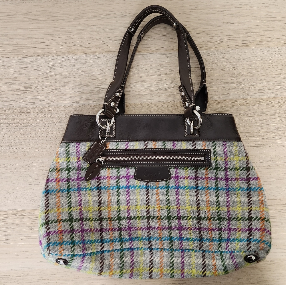 Coach Penelope Tattersall Plaid Wool Bag Tweed Leather Handbag Purse
